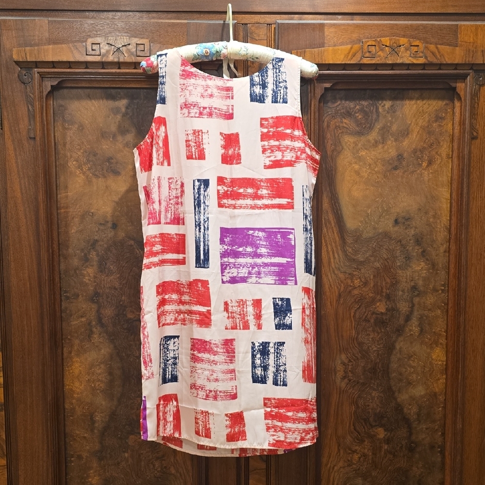 Halogen Abstract Red and Blue SHIFT Dress, M, 100% POLY